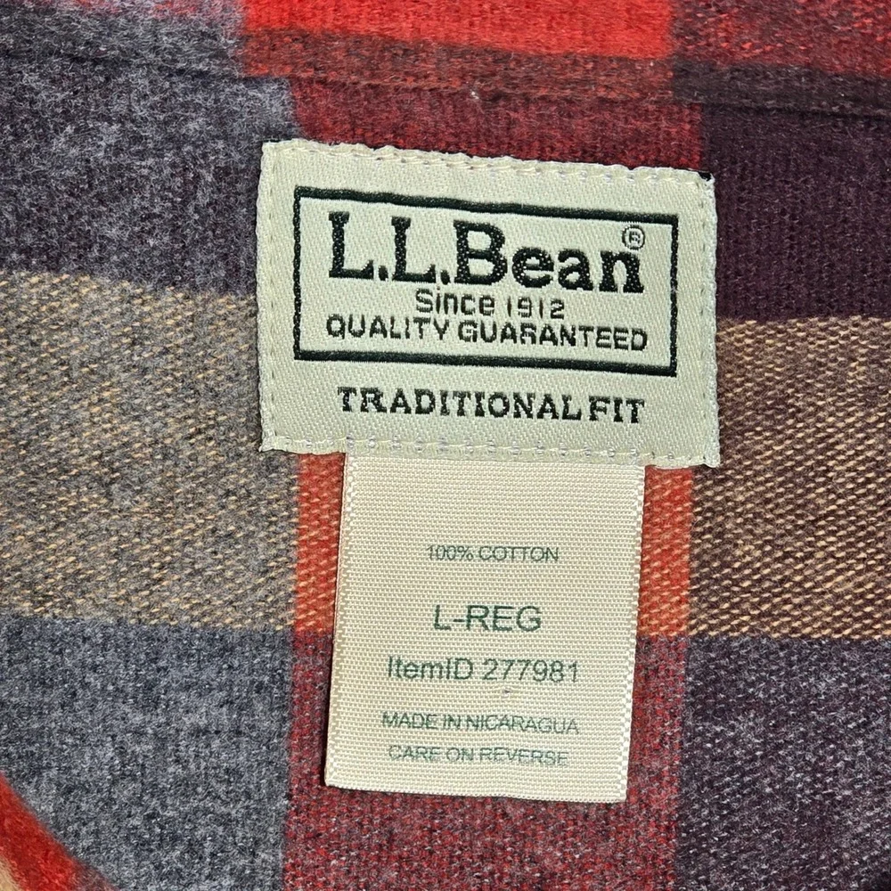 LL‎ Bean Mens Traditional Fit Flannel Shirt Plaid Red Orange Large L-REG 277981